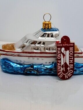 Newport Mansions RI Christmas Yacht Hand Blown Hand Painted Glass Ornament